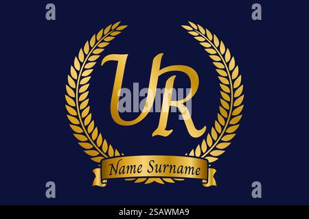 Anfangsbuchstaben U und R, UR-Monogramm-Logo mit Lorbeerkranz. Luxuriöses goldenes Emblem mit Kalligraphie-Schriftart. Stock Vektor