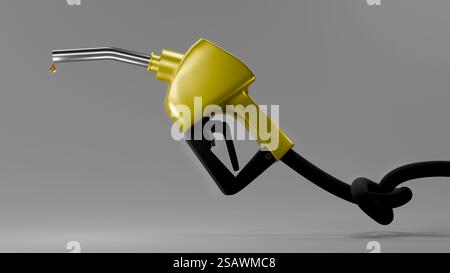 3D-Modell einer gelben Kraftstoffpistole mit einem Schlauch, der in einem Knoten auf grauem Hintergrund gebunden ist, kein Benzin, Sanktionen, kein Benzin Stockfoto