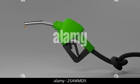 3D-Modell einer grünen Treibstoffpistole mit Schlauch in einem Knoten auf grauem Hintergrund, kein Gas, Sanktionen, kein Gas Stockfoto