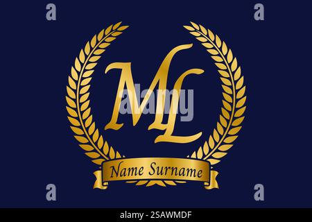Anfangsbuchstaben M und L, ML-Monogramm-Logo mit Lorbeerkranz. Luxuriöses goldenes Emblem mit Kalligraphie-Schriftart. Stock Vektor