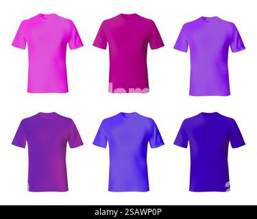 T-Shirt Design Vorlage Vektor. Set Männer Hemden blau, lila, rosa Farbe. Realistisches Modell Tshirt Modell männliche Mode.. T-Shirt-Design-Vorlage. Set Männer Hemden blau, lila, rosa Farbe. Realistisches T-Shirt-Modell für Herren. Stock Vektor