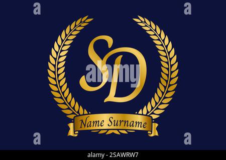 Anfangsbuchstaben S und D, SD-Monogramm-Logo mit Lorbeerkranz. Luxuriöses goldenes Emblem mit Kalligraphie-Schriftart. Stock Vektor