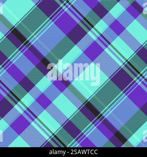 Geometrische Vektormuster Textur, Gänseblümchen nahtloses Textil Schottenmuster. Klassisches Karomuster-Hintergrundmaterial in Blau- und Violett-Farben. Stock Vektor