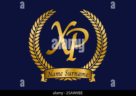 Anfangsbuchstaben X und P, XP-Monogramm-Logo mit Lorbeerkranz. Luxuriöses goldenes Emblem mit Kalligraphie-Schriftart. Stock Vektor