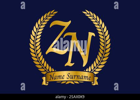 Anfangsbuchstaben Z und N, ZN-Monogramm-Logo mit Lorbeerkranz. Luxuriöses goldenes Emblem mit Kalligraphie-Schriftart. Stock Vektor