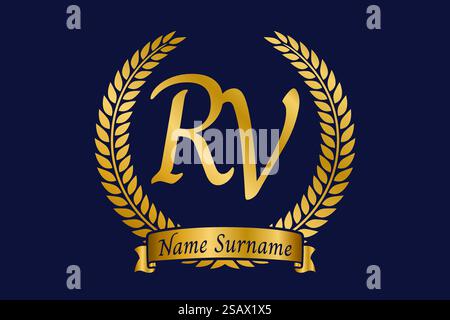 Anfangsbuchstaben R und V, RV-Monogramm-Logo mit Lorbeerkranz. Luxuriöses goldenes Emblem mit Kalligraphie-Schriftart. Stock Vektor