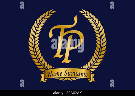 Anfangsbuchstaben T und P, TP-Monogramm-Logo mit Lorbeerkranz. Luxuriöses goldenes Emblem mit Kalligraphie-Schriftart. Stock Vektor
