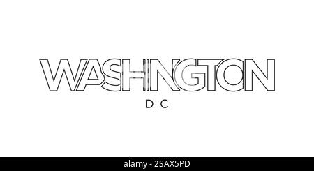 Design mit Typografie-Schriftzug in Washington, DC, USA. Amerika-Logo mit grafischem Stadtschriftzug für Print- und Webprodukte. Design mit Typografie-Schriftzug in Washington, DC, USA. Amerika-Logo mit grafischem Stadtschriftzug für Print und Web. Stock Vektor