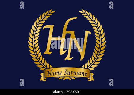 Anfangsbuchstaben H und N, HN-Monogramm-Logo mit Lorbeerkranz. Luxuriöses goldenes Emblem mit Kalligraphie-Schriftart. Stock Vektor