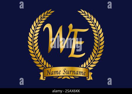 Anfangsbuchstaben W und E, WIR HABEN ein Monogramm-Logo mit Lorbeerkranz. Luxuriöses goldenes Emblem mit Kalligraphie-Schriftart. Stock Vektor