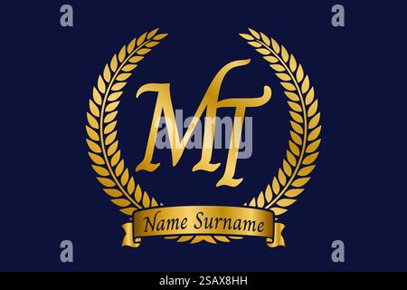Anfangsbuchstaben M und T, MT-Monogramm-Logo mit Lorbeerkranz. Luxuriöses goldenes Emblem mit Kalligraphie-Schriftart. Stock Vektor