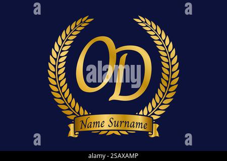 Anfangsbuchstaben O und D, OD-Monogramm-Logo mit Lorbeerkranz. Luxuriöses goldenes Emblem mit Kalligraphie-Schriftart. Stock Vektor