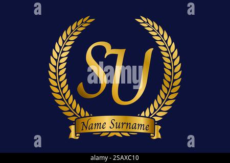 Anfangsbuchstaben S und U, SU-Monogramm-Logo mit Lorbeerkranz. Luxuriöses goldenes Emblem mit Kalligraphie-Schriftart. Stock Vektor