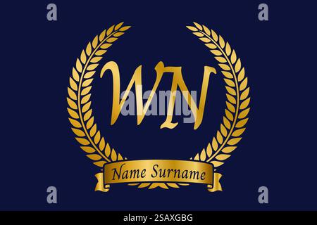 Anfangsbuchstaben W und N, WN-Monogramm-Logo mit Lorbeerkranz. Luxuriöses goldenes Emblem mit Kalligraphie-Schriftart. Stock Vektor