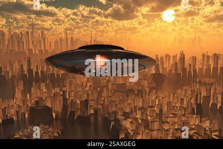 Eine UAP, die über Eine Stadt fliegt Stockfoto