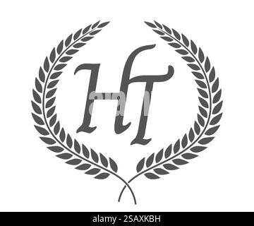 Anfangsbuchstaben H und T, HT-Monogramm-Logo mit Lorbeerkranz. Luxuriöses Emblem mit Kalligraphie-Schriftart. Anfangsbuchstaben H und T, HT-Monogramm-Logo mit Lorbeerkranz. Luxuriöse Kalligraphie-Schriftart. Stock Vektor