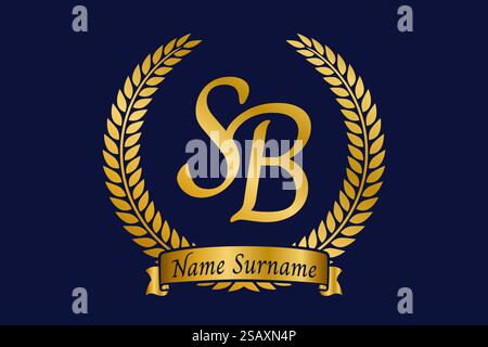 Anfangsbuchstaben S und B, SB-Monogramm-Logo mit Lorbeerkranz. Luxuriöses goldenes Emblem mit Kalligraphie-Schriftart. Stock Vektor
