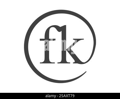 FK-Logo aus zwei Buchstaben mit kreisförmigem E-Mail-Schild. F und K runden den Firmenlogo für die Markenidentität ab. Stock Vektor