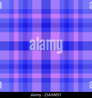 Wolltartan karierter Vektor, nahtloses Textilmuster aus den 60er Jahren. Textur auf der Vorderseite im Hintergrund in Indigo- und Blautönen. Stock Vektor