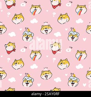Nahtloses Shiba Inu-Muster. Süße kleine Hundegesichter. Lustige Tiergefühle. Unterschiedlicher Stimmungsausdruck. Tiermaulzähne. Akita Ken Hündchen. Japanische Rasse Stock Vektor