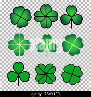 Grüne Kleeblatt-Symbol. St. Patrick-Tag-Symbol, Leprechaun-Blatt-Schild. Kleeblatt isoliert, flaches dekoratives Element. Stock Vektor