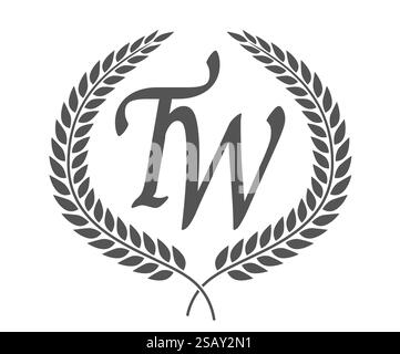 Anfangsbuchstaben T und W, TW-Monogramm-Logo mit Lorbeerkranz. Luxuriöses Emblem mit Kalligraphie-Schriftart. Anfangsbuchstaben T und W, TW-Monogramm-Logo mit Lorbeerkranz. Luxuriöse Kalligraphie-Schriftart. Stock Vektor