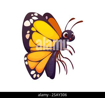 Die lustige Schmetterlingsfigur zeichnet sich durch fröhlichen Ausdruck und lebendige, gemusterte Flügel aus. Isolierte niedliche Vektor-Fliegen-Käfer-Persönlichkeit mit happ Stock Vektor