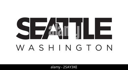 Design mit Typografie-Schriftzug in Seattle, Washington, USA. Amerika-Logo mit grafischem Stadtschriftzug für Print- und Webprodukte. Design mit Typografie-Schriftzug in Seattle, Washington, USA. Amerika-Logo mit grafischem Stadtschriftzug für Print und Web. Stock Vektor