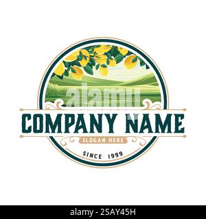 Ein klassisches, kreisförmiges Emblem mit einer Illustration aus Zitronenhainen, Firmenname und Slogan. Stock Vektor