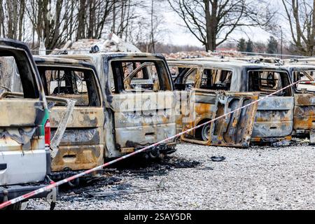 München, Deutschland. Januar 31, 2025. Zahlreiche ausgebrannte Servicefahrzeuge sind auf dem Gelände der Polizeihundeschwader zu sehen. Die Ermittler und die Staatssicherheit untersuchen, nachdem 23 Polizeifahrzeuge vor dem Polizeirevier in Brand gesetzt wurden. Quelle: Matthias Balk/dpa/Alamy Live News Stockfoto