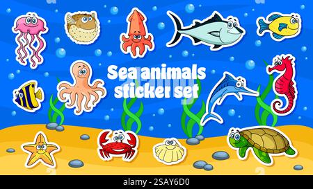 Aufkleberpackung für Meeresunterwassertiere. Cartoon-Vektor-Meeresbewohner wie Schildkröte, Fische und Tintenfische, Quallen, Krabben, Seepferdchen oder Seesterne auf dem Meeresboden Stock Vektor