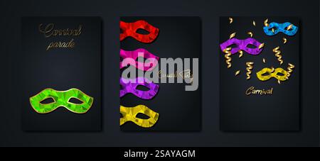 Karneval Party Parade Set schwarz Poster Flyer oder Einladung Design. Festliche Karten. Elegante Luxuskarten mit farbenfrohem Muster und goldenem Text Stock Vektor