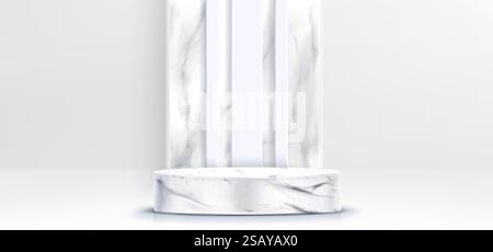 Marmorpodium mit strukturiertem zylindrischem Sockel und eleganter Kulisse. Minimalistischer Ausstellungsraum für luxuriöse Produktpräsentationen. Realistische weiße Steinbühne mit dekorativer Wand in Premium-Ästhetik. Stock Vektor