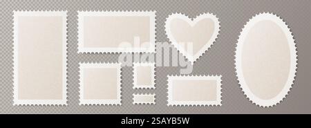Postkartenrahmensammlung in verschiedenen Formen - Herz, Oval, Quadrat und Rechteck. Weiße perforierte Ränder mit Schatten auf transparentem Hintergrund. Vintage-Post- und Scrapbooking-Designelemente. Stock Vektor