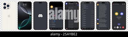 Discord-Bildschirm im weißen iPhone 16 Pro. Trennen Sie die mobile Anwendung von Microsoft Corporation auf einem Smartphone. Mockup-Vorlage für soziale Netzwerke auf IS festlegen Stock Vektor