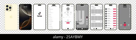 Tik Tok Design für iPhone 16 Pro. Legen Sie die Vorlage für die Benutzeroberfläche für soziale Medien und soziale Netzwerke für Tik Tok-Bildschirme fest. Homepage, Empfehlungen, Abonnements. Tik Stock Vektor