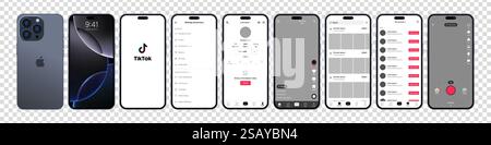Tik Tok Design für iPhone 16 Pro. Legen Sie die Vorlage für die Benutzeroberfläche für soziale Medien und soziale Netzwerke für Tik Tok-Bildschirme fest. Homepage, Empfehlungen, Abonnements. Tik Stock Vektor