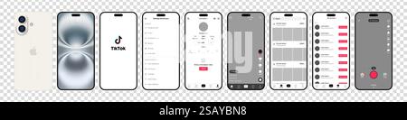 Tik Tok Design für iPhone 16. Legen Sie die Vorlage für die Benutzeroberfläche für soziale Medien und soziale Netzwerke für Tik Tok-Bildschirme fest. Homepage, Empfehlungen, Abonnements. Tik Tok Stock Vektor