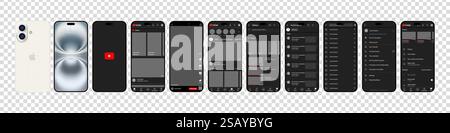 YouTube-Design auf dem iPhone 16. Legen Sie die Vorlage für die Benutzeroberfläche für soziale Medien und soziale Netzwerke auf Youtube-Bildschirmen fest. Homepage, Empfehlungen, Abonnements. Youtube Stock Vektor