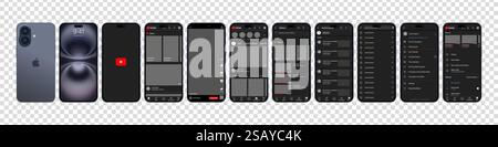 YouTube-Design auf dem iPhone 16. Legen Sie die Vorlage für die Benutzeroberfläche für soziale Medien und soziale Netzwerke auf Youtube-Bildschirmen fest. Homepage, Empfehlungen, Abonnements. Youtube Stock Vektor