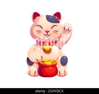 Die japanische Maneki Neko Katze mit einem roten Topf voller goldener Münzen symbolisiert Wohlstand. Isolierter Vektor, der Kätzchen-Souvenir anlockt, s Stock Vektor