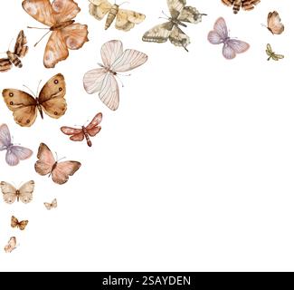 Schmetterlinge sind beige und braune Fliegen und Motten im Vintage-Stil. Handgezeichnete Aquarellillustration. Quadratischer Rahmen, Vorlage auf weißem Hintergrund Stockfoto