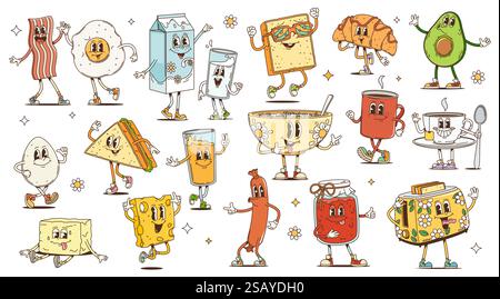 Retro-Cartoon-groovige Frühstücksfiguren. Lustige psychedelische Drink- und Essensfiguren mit fröhlich lächelnden Gesichtern. Hippie-Frühstückskaffee, Croissant, To Stock Vektor
