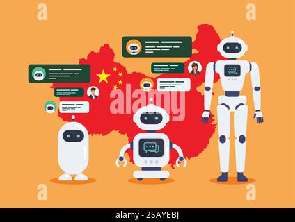 Android Robots Künstliche Intelligenz Chat Bot von China. Cyborg-Technologie und futuristische Intelligenzmaschine. Grafisches Design im flachen Stil Stock Vektor