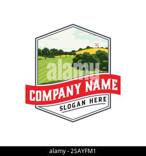 Ein rustikales Logo mit einer Windmühle in einem üppig grünen Feld und einem roten Bannerband. Stock Vektor