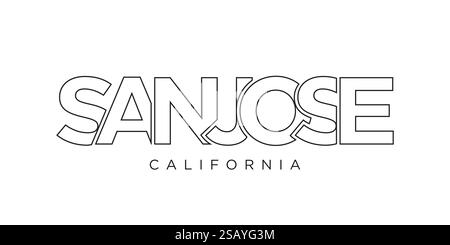 Design mit Typografie-Schriftzug in San Jose, Kalifornien, USA. Amerika-Logo mit grafischem Stadtschriftzug für Print- und Webprodukte. Design mit Typografie-Schriftzug in San Jose, Kalifornien, USA. Amerika-Logo mit grafischem Stadtschriftzug für Print und Web. Stock Vektor