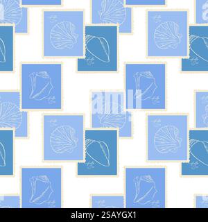 Nautisches Muster mit Meeresstempeln mit Muschel, in Blautönen. Handgezeichnete Muscheln mit Kontur. Design für Mode, Stoffe, Textilien, Tapeten, Verpackungen und alle Drucke. Vektorabbildung Stock Vektor