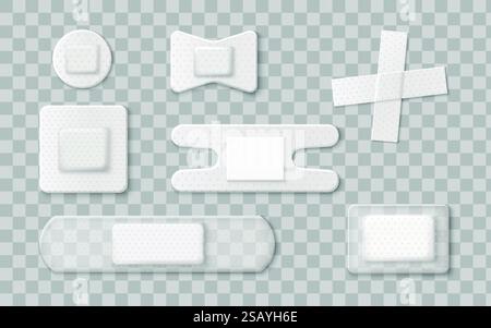 Medizinischer Haftverband Set mit perforierter Oberfläche - Sammlung von weißen und transparenten Pflastern in verschiedenen Formen. Realistische 3D-erste-Hilfe-Ausrüstung für Wundverband und Notfallversorgung. Stock Vektor