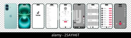 Tik Tok Design für iPhone 16. Legen Sie die Vorlage für die Benutzeroberfläche für soziale Medien und soziale Netzwerke für Tik Tok-Bildschirme fest. Homepage, Empfehlungen, Abonnements. Tik Tok Stock Vektor