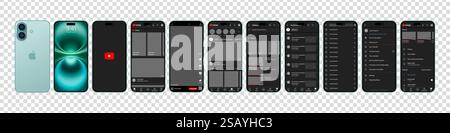 YouTube-Design auf dem iPhone 16. Legen Sie die Vorlage für die Benutzeroberfläche für soziale Medien und soziale Netzwerke auf Youtube-Bildschirmen fest. Homepage, Empfehlungen, Abonnements. Youtube Stock Vektor